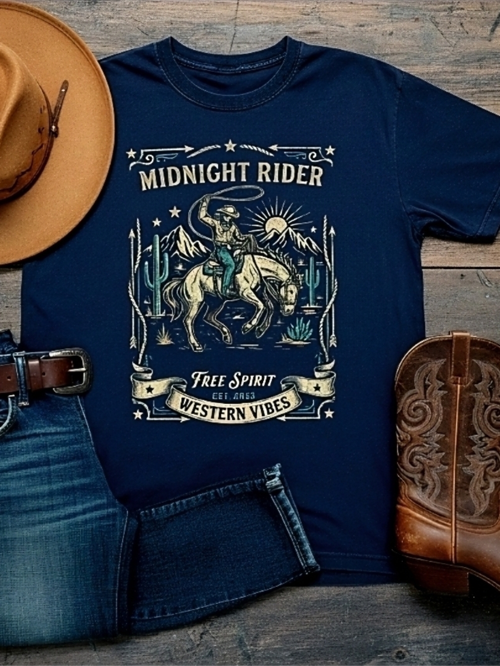 Midnight Rider Western Graphic Tee • Free Spirit Cowboy Horse Shirt • Western
